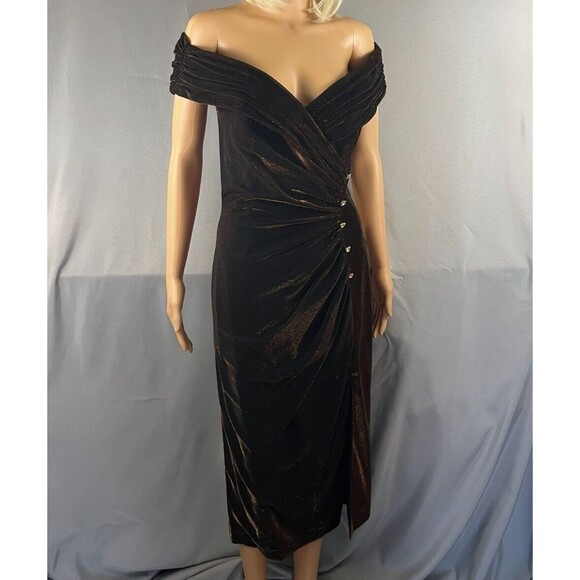Alex Evenings Women Metallic Brown Glitter Off-The-Shoulder Prom Dress Gown Sz 6 - Picture 1 of 12